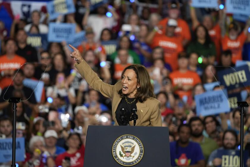 FILE - Democratic presidential nominee Vice President Kamala Harris speaks Thursday, Oct. 10, 2024, on the Gila River Indian Community reservation in Chandler, Ariz. (AP Photo/Matt York, File)