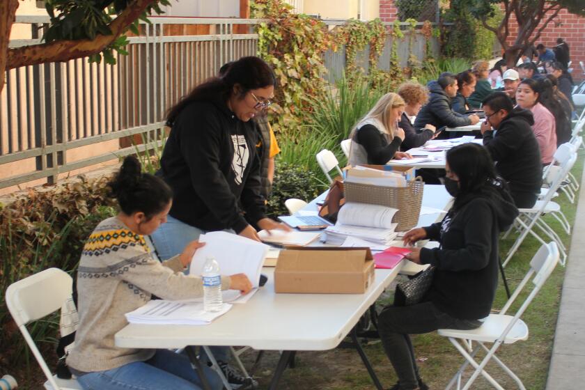 Volunteers and staff help undocumented workers fill out applications on Nov. 8, 2024 at the offices of the Koreatown Immigrant Workers Alliance for job permits under a federal program called Deferred Action for Labor Enforcement that provides deportation protection for workers involved in labor investigations.