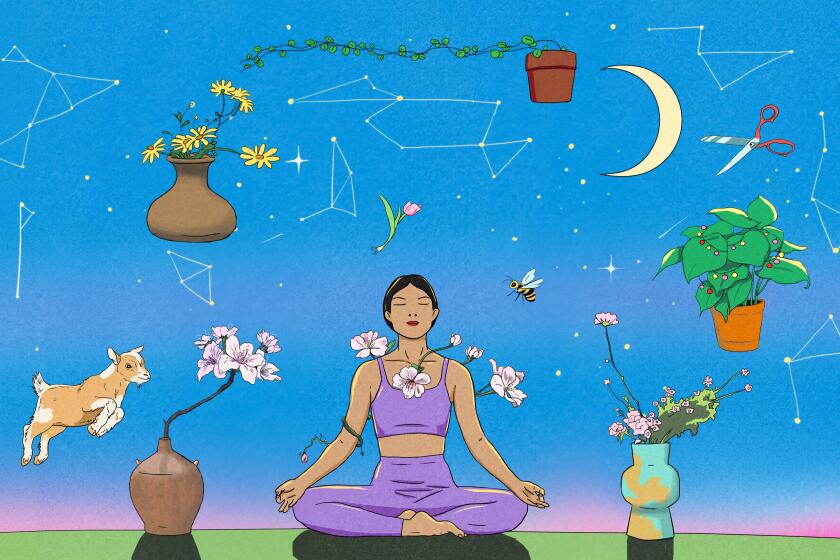 An illustration of a woman meditating with a variety of products floating in the air around her.