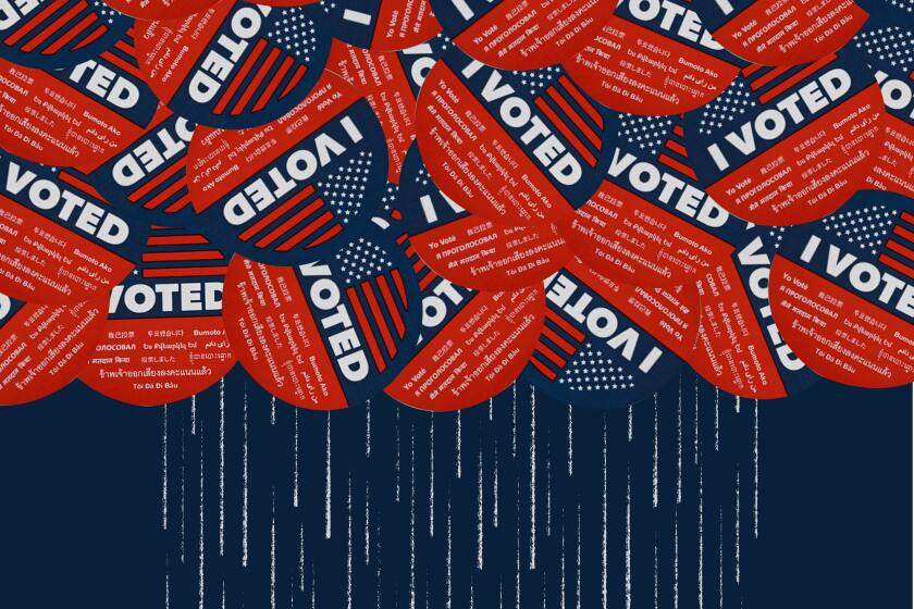 many "I Voted" sticker assembled into the shape of overcast clouds with rain falling below