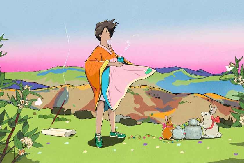 An illustration of a woman standing on a mountain top.