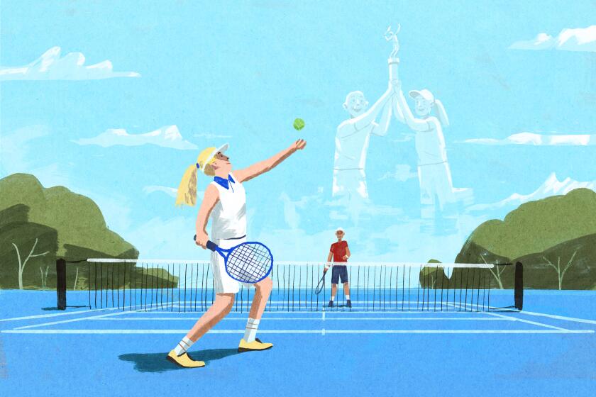 A woman serves a tennis ball across the court to her husband.  In the clouds is a vision of them holding a trophy together