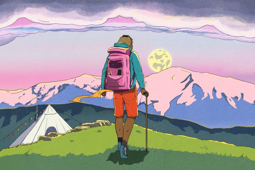 An illustration of a hiker looking out towards the moon and a snowy mountain.