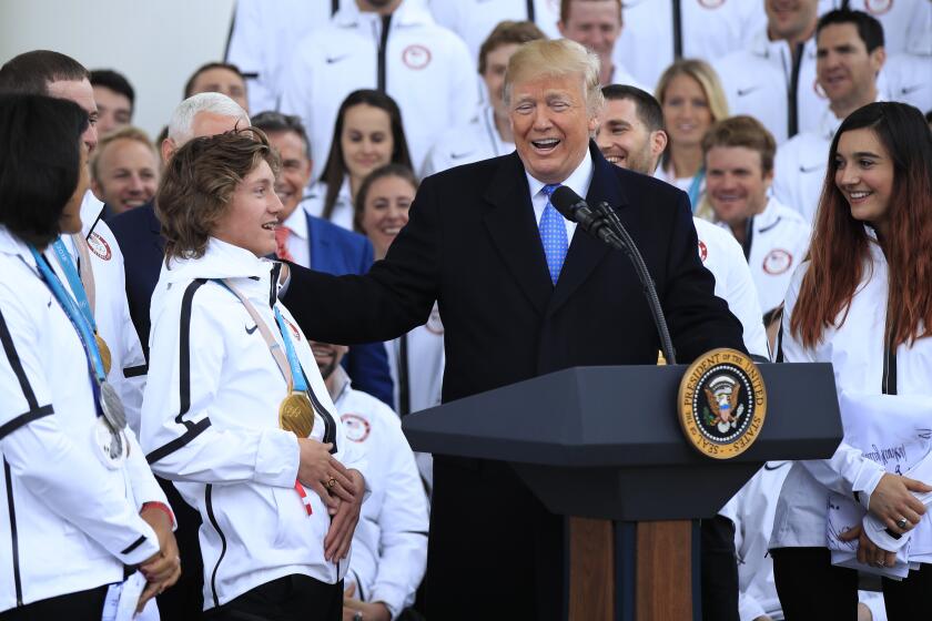 Ceremony welcoming the Team USA Olympic athletes on North Portico at the White House in Washington, Friday, April 27, 2018. 