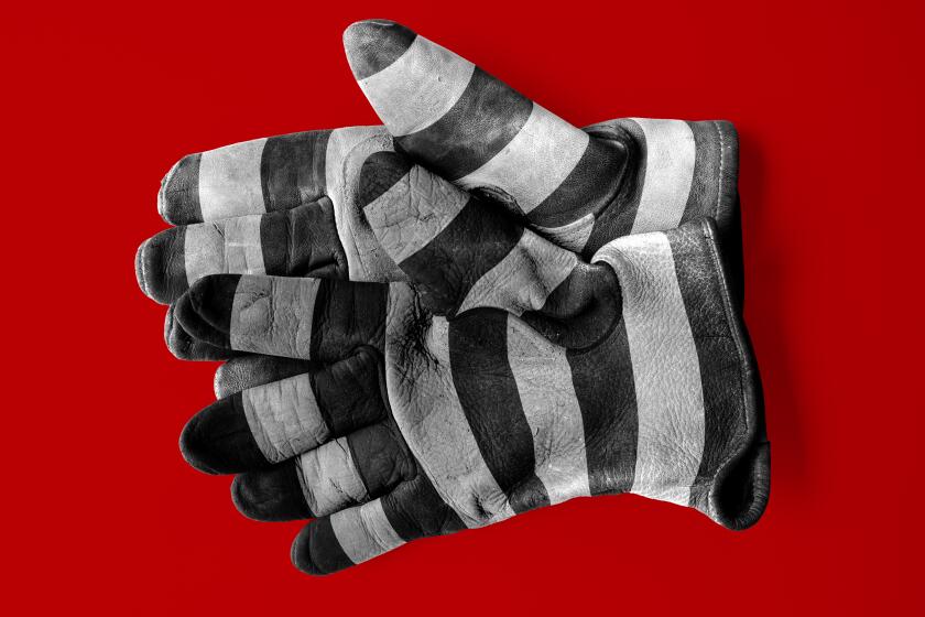 photo illustration of a pair of working gloves with black and white prison uniform stripes