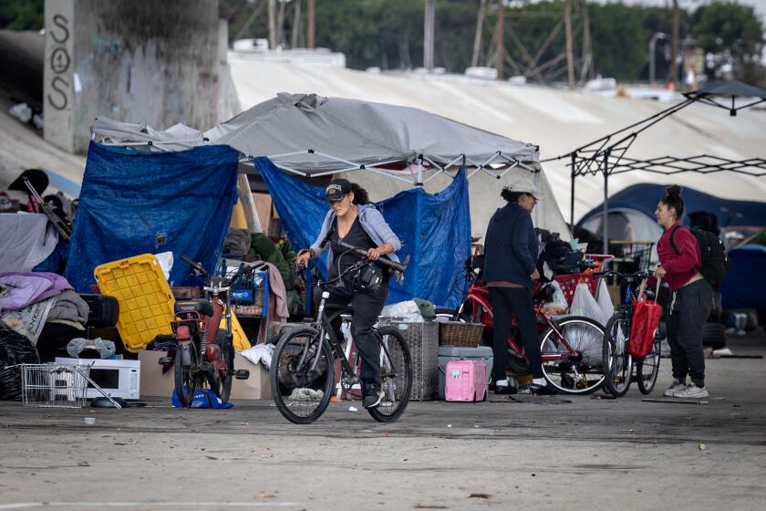 Norwalk, CA - October 17: Araceli Rubio, 49, lives in the riverbed in Norwalk near the 105/605 freeway as Norwalk city council recently voted to ban homeless shelters and supportive housing projects on Thursday, Oct. 17, 2024 in Norwalk, CA. (Jason Armond / Los Angeles Times)