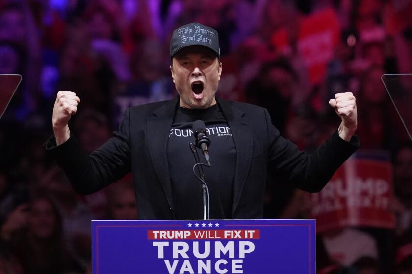 FILE - Elon Musk speaks before Republican presidential nominee former President Donald Trump at a campaign rally at Madison Square Garden, Sunday, Oct. 27, 2024, in New York. (AP Photo/Evan Vucci, File)