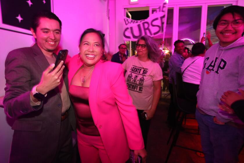 LOS ANGELES, CA - NOVEMBER 5, 2024 - - Ysabel Jurado, running for Los Angeles City Council District 14, greets a supporters when she arrives at her Election Night Party at Block Party Highland Park on November 5, 2024. (Genaro Molina/Los Angeles Times)