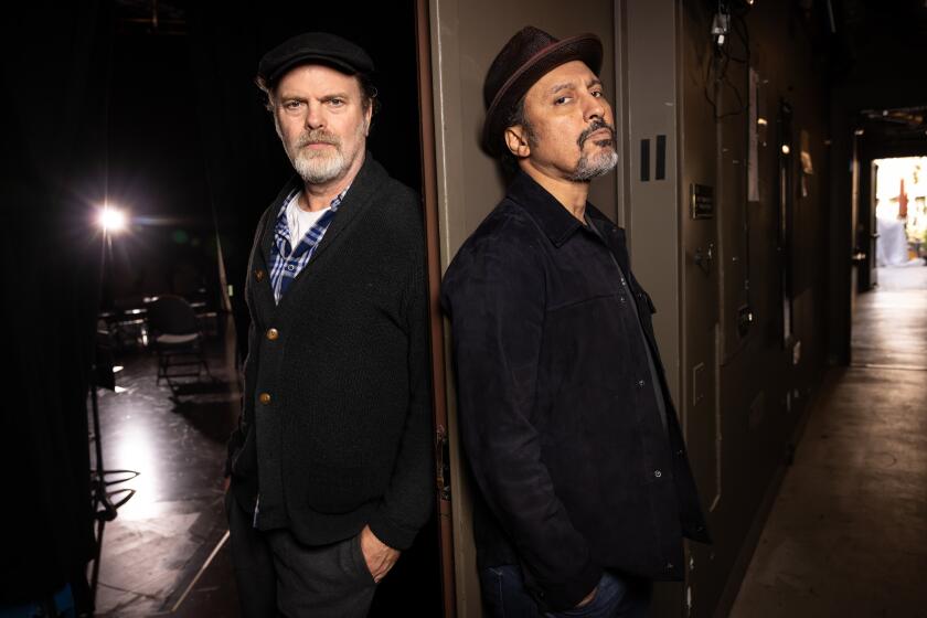 WESTWOOD-CA-OCTOBER 29, 2024: Rainn Wilson, left, and Aasif Mandvi team up in Samuel Beckett's tragicomedy, "Waiting for Godot," at Geffen Playhouse on October 29, 2024. (Christina House / Los Angeles Times)