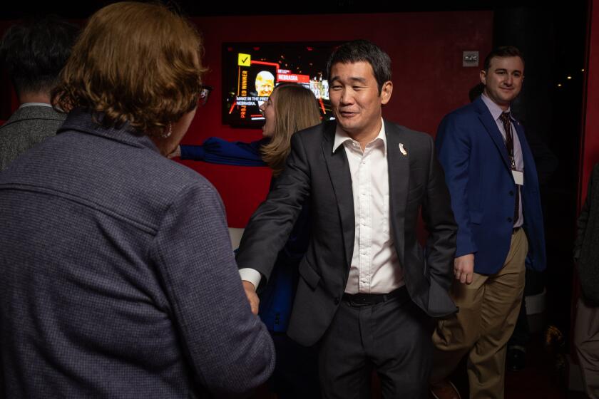 Costa Mesa, CA - November 05: U.S. Congress candidates Dave Min election night viewing event at Celebrations on Tuesday, Nov. 5, 2024 in Costa Mesa, CA. (Jason Armond / Los Angeles Times)