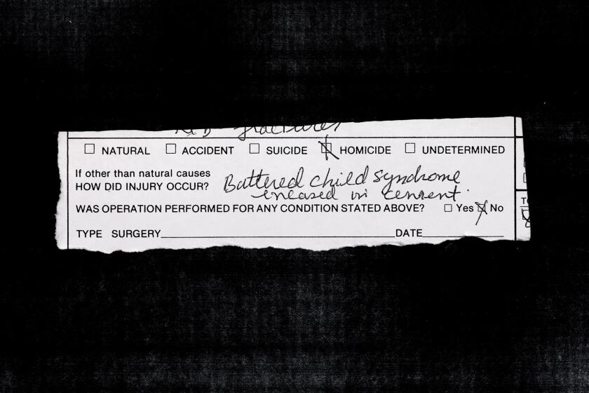 portion of an autopsy report indicating homicide with text: "Battered child syndrome, encased in cement"