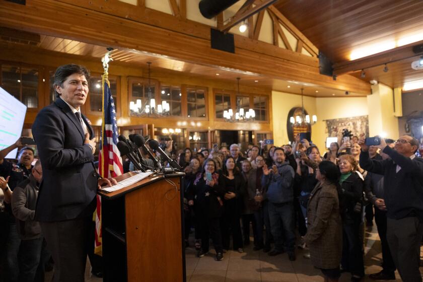 LOS ANGELES CALIF. NOVEMBER 5, 2024 - Los Angeles City Council member for District 14, Kevin de Leon, speaks to supporters during an election watch party Tuesday, Nov. 5, 2024, in Los Angeles, Calif. (Ryan Sun / Los Angeles Times)