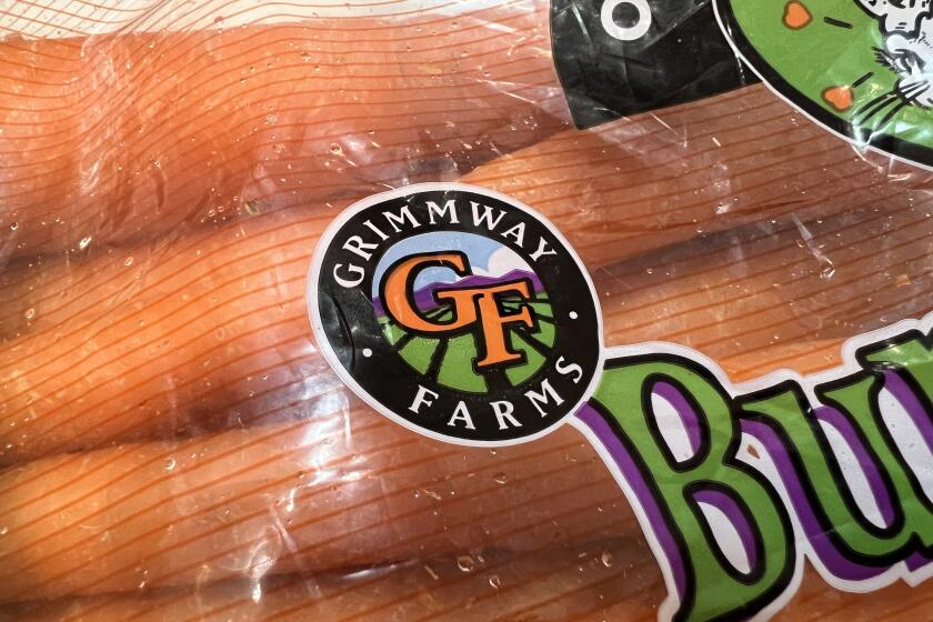 Close-up of Grimmway Farms logo on a bag of organic carrots, Lafayette, California, November 17, 2024. The CDC announced a recall of organic carrots following an Ecoli outbreak in November of 2024.