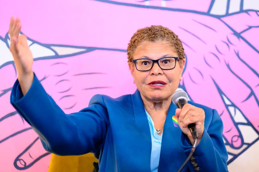 SAN FRANCISCO, CALIFORNIA - JUNE 10: Los Angeles Mayor Karen Bass discusses the challenges of leading one of CaliforniaOs most famous and influential cities during a panel at MannyOs in San Francisco, California on June 10, 2024. Collectively, these two women represent about 12% of all Californians and manage more than $25 billion of city budgets. (Josh Edelson / For The Times)