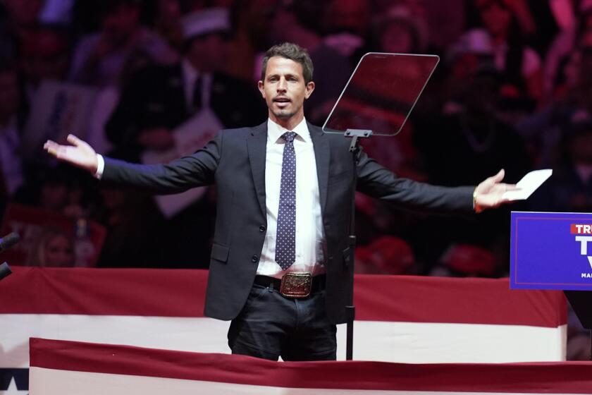 Tony Hinchcliffe arrives to speak before Republican presidential nominee former President Donald Trump during a campaign rally at Madison Square Garden, Sunday, Oct. 27, 2024, in New York. (AP Photo/Evan Vucci)