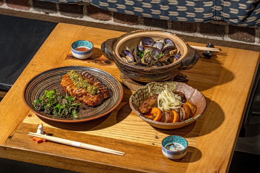 LOS ANGELES, CA - SEPTEMBER 29, 2022: Dish grouping in the dining room at Tsubaki on Thursday, Sep. 29, 2022 in Los Angeles, CA. (Ron De Angelis / For The Times)