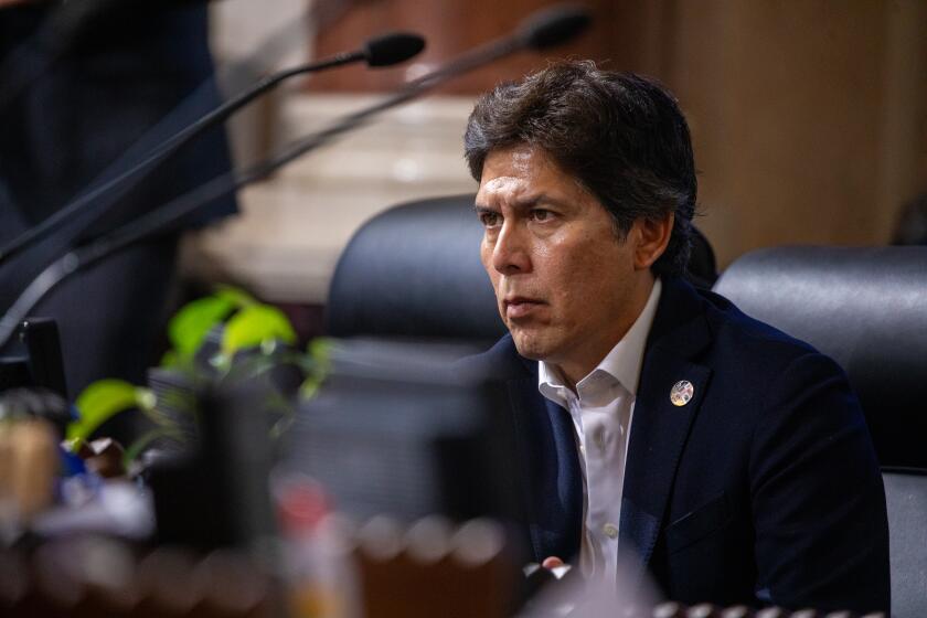 Los Angeles, CA - September 26: Los Angeles City Councilmember Kevin de Leon returns to the City Council meeting on Tuesday, Sept. 26, 2023, in Los Angeles, CA. Councilmember Kevin de Leon, whose political career was upended following the leak of a recorded conversation featuring racist and derogatory remarks, said Wednesday he will seek another four-year term in the city's March election. (Francine Orr / Los Angeles Times)