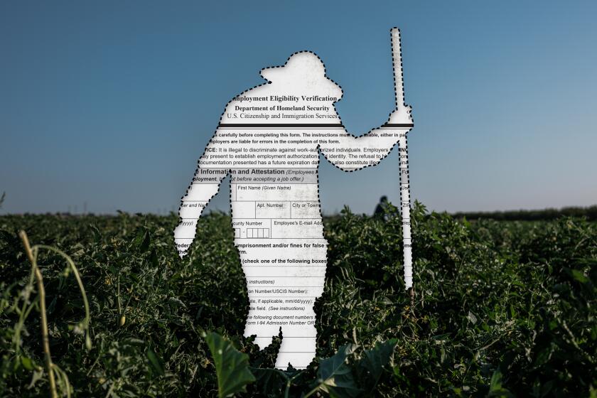 photo illustration of a farm worker cut out from a photo revealing a portion of an i-9 form.