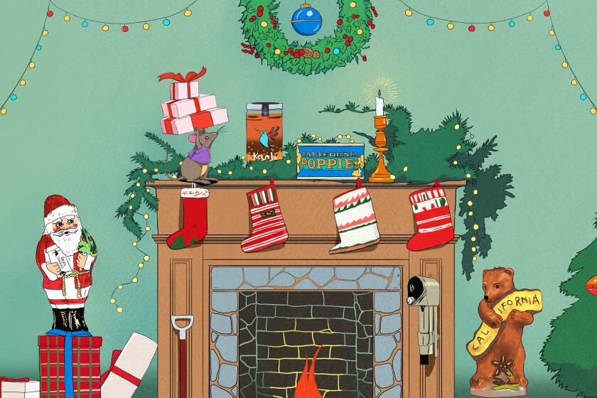 An illustration of a brick fireplace with an assortment of Christmas-related paraphernalia around it.