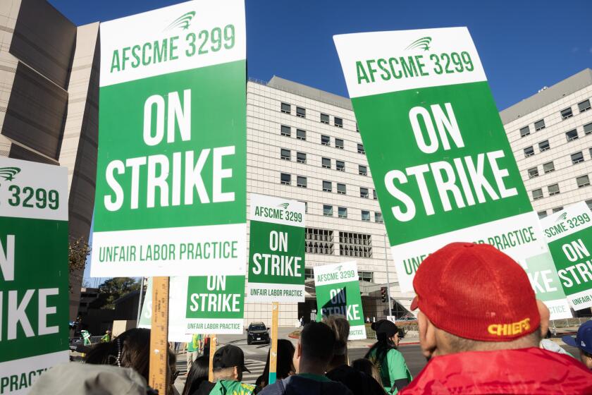 WESTWOOD, CA - NOVEMBER 20: Workers picket in front of the Ronald Reagan UCLA Medical Center in Westwood, CA on Wednesday, Nov. 20, 2024 during a two-day strike by patient care and service workers alleging unfair bargaining tactics by the University of California, allegations the UC system denies (Myung J. Chun / Los Angeles Times)