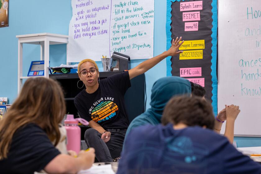 Silver Lake, CA - June 04: Fifth grade teacher Brittany Jefferson teaches at her Jefferson Citizens of the World Charter School class on Tuesday, June 4, 2024 in Silver Lake, CA. (Brian van der Brug / Los Angeles Times)