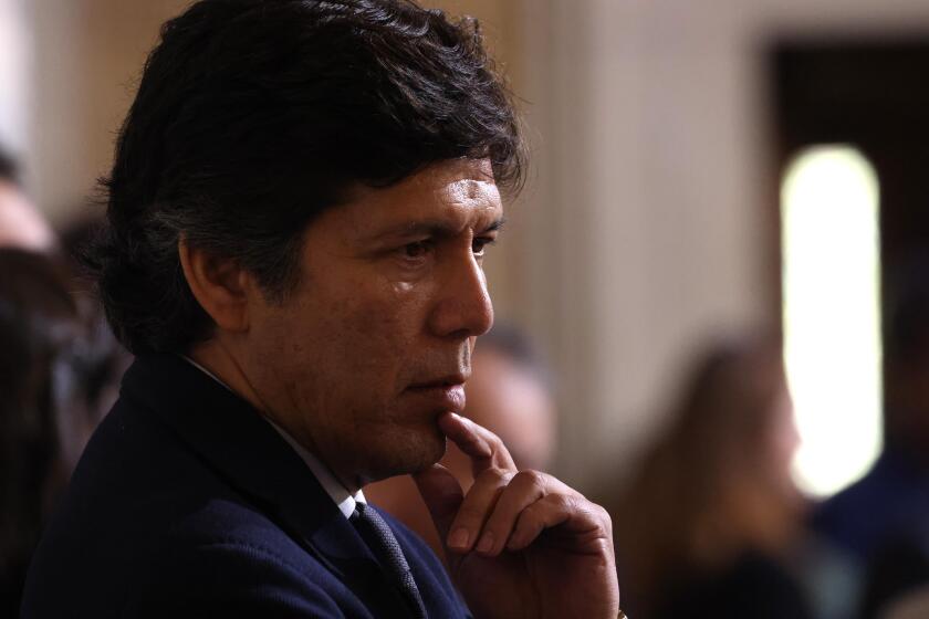 LOS ANGELES, CA - SEPTEMBER 20, 2024 - Los Angeles City Council Member Kevin de Leon is lost in thought inside council chambers at City Hall in downtown Los Angeles on September 20, 2024. (Genaro Molina/Los Angeles Times)