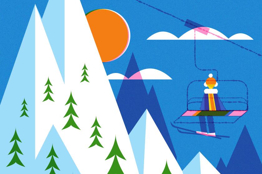 A figure on a chairlift looks over a snowy slope