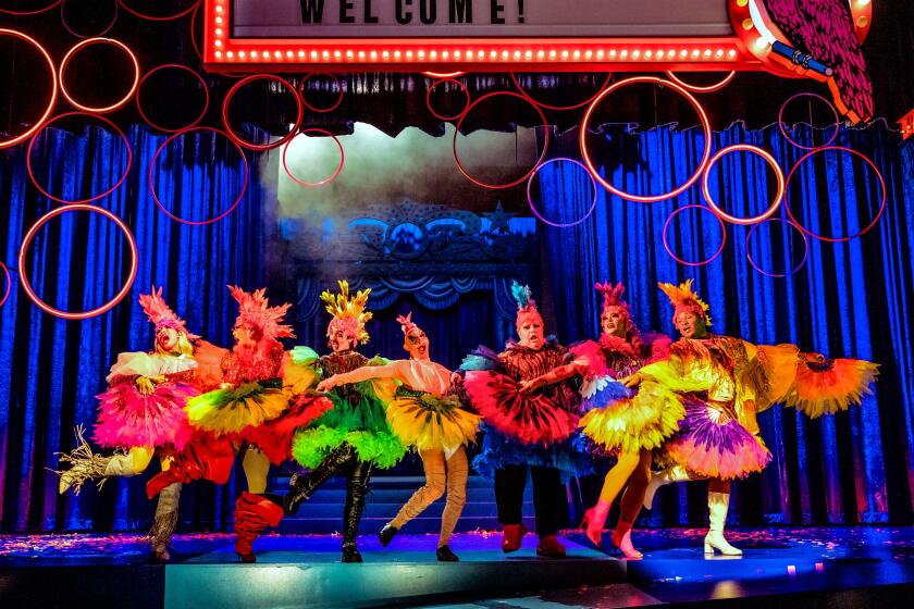 Rhoyle Ivy King, Kay Bebe Queue, Ellen Soraya Nikbakht, Cody Brunelle-Potter, Paul Vogt, Salina EsTitties, and Suni Jade Reed in "La Cage aux Folles" at Pasadena Playhouse.