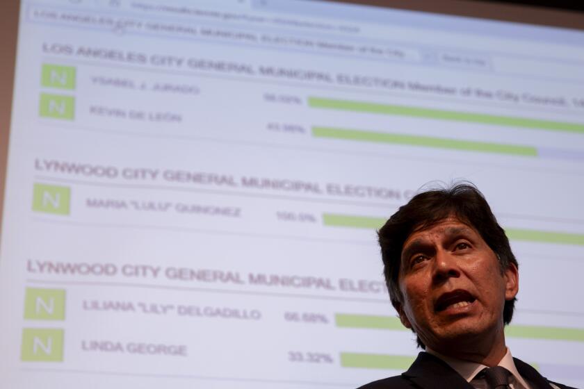 LOS ANGELES CALIF. NOVEMBER 5, 2024 - Los Angeles City Council member for District 14, Kevin de Leon, speaks to supporters as election results are seen on a screen during an election watch party Tuesday, Nov. 5, 2024, in Los Angeles, Calif. (Ryan Sun / Los Angeles Times)