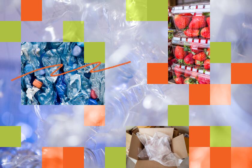 collage of plastic packaging from a shipping box, strawberry containers and crushed plastic bottles