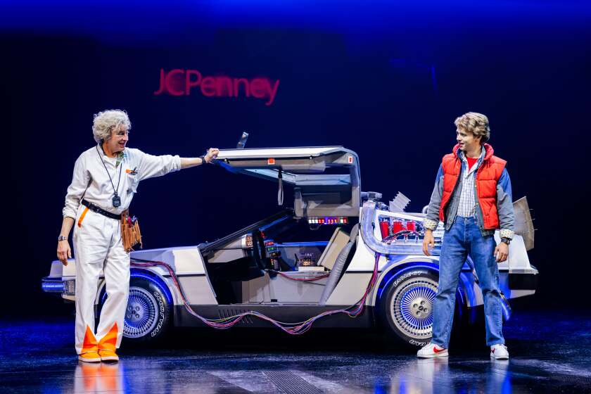 (L-R): Don Stephenson (Doc Brown) and Caden Brauch (Marty McFly) in the North America tour of "Back to the Future: The Musical"