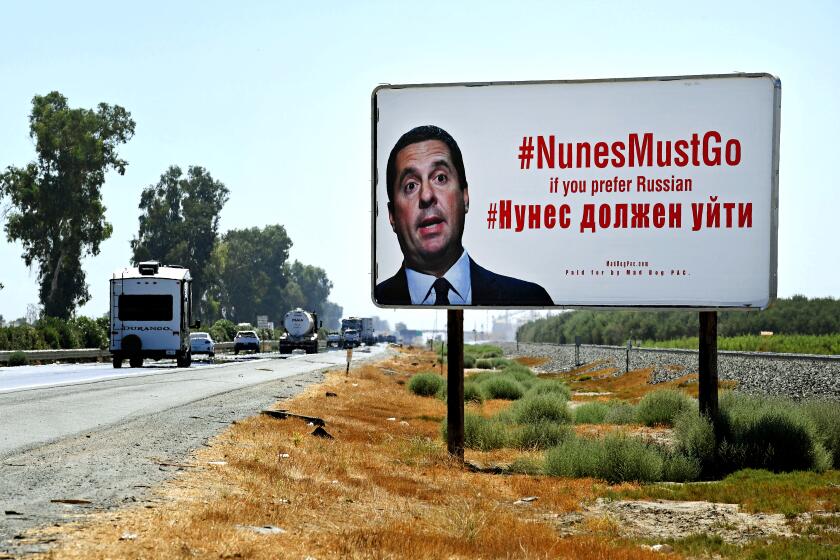 A billboard expressing opposition to local Republican incumbent Devin Nunes, who is up for re-election in the November mid-term elections, is seen on highway 99 which runs through his hometown of Tulare, California on September 9, 2018. - Nunes, the House Intelligence Committee chairman, recently gained national attention over the committees investigation into Russian election meddling. (Photo by Mark RALSTON / AFP) (Photo credit should read MARK RALSTON/AFP via Getty Images)