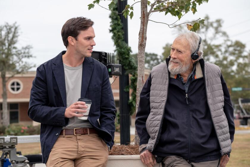 Actor Nicholas Hoult and director Clint Eastwood during production on 'Juror #2.'