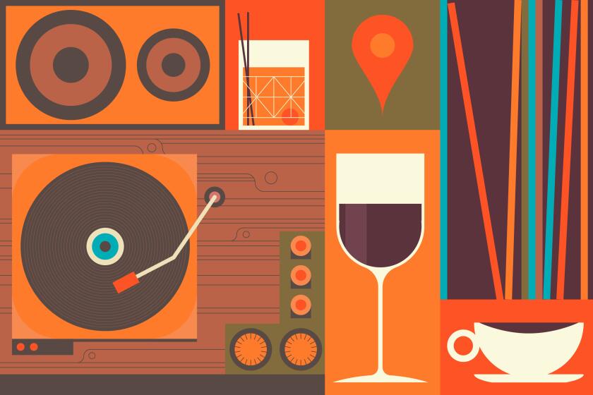 A montage image of a record player, speaker, records, cocktails, coffee and a gps pin