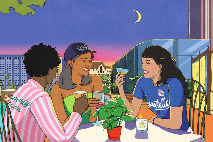 An illustration of three folks enjoying the rooftop near a pool.