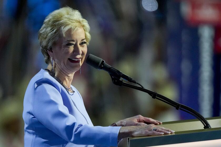 Linda McMahon speaks during the Republican National Convention Thursday, July 18, 2024, in Milwaukee. (AP Photo/Matt Rourke)